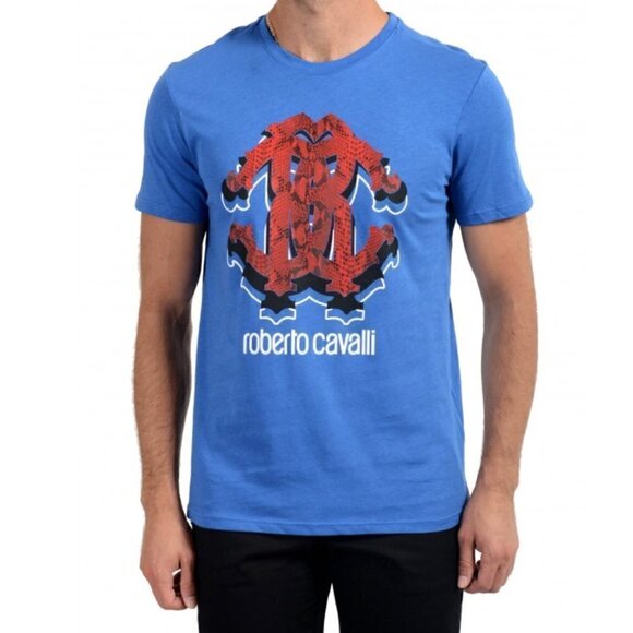 Roberto Cavalli Men's Royal Blue Medium Graphic Print Crewneck T-Shirt - Picture 1 of 11